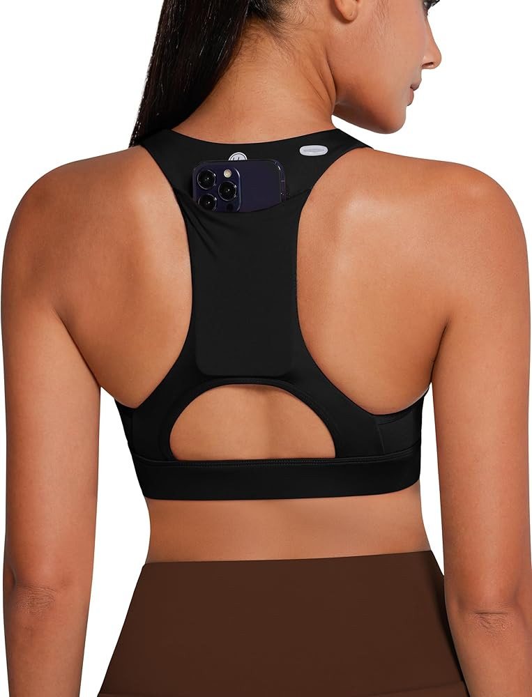 QUEENIEKE V Neck Running Sports Bra with Phone Pocket, Medium Support Workout Tops Padded Racerba... | Amazon (US)