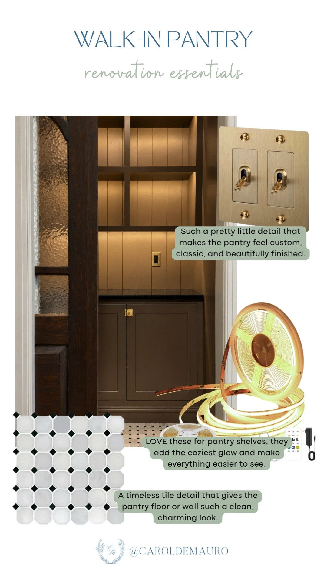 This pantry renovation is full of pretty little details! The brass switch plate and warm LED strip lighting make it feel custom and beautifully finished.

walk in pantry, shelf lighting, pantry organization, kitchen renovation, pantry design, DIY home project

#LTKHome