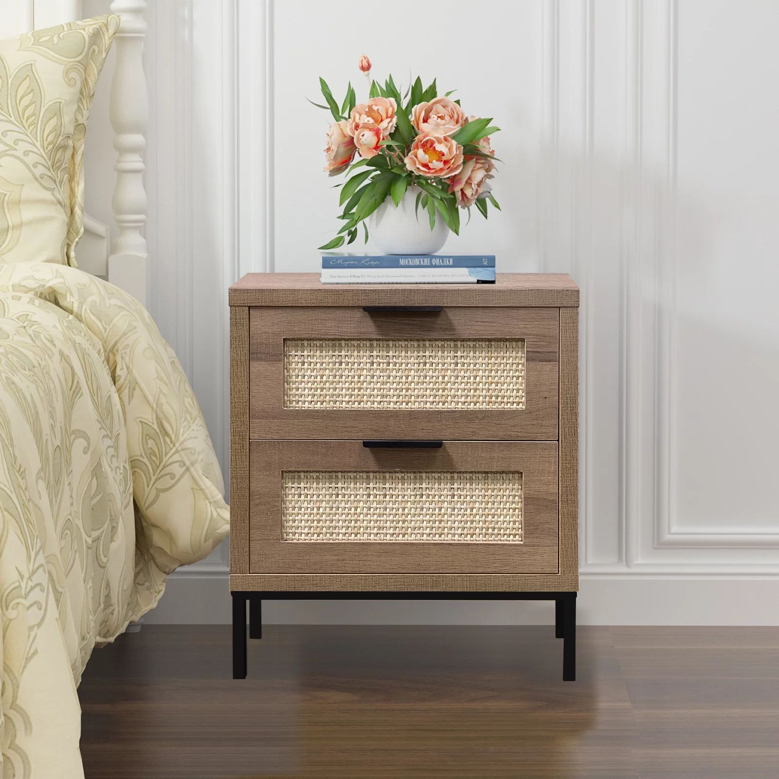 Eumyviv Modern Farmhouse Nightstands with 2 Rattan Drawer,Wood Bedside Table Storage Cabinet for ... | Walmart (US)