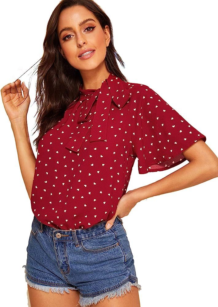 SheIn Women's Casual Side Bow Tie Neck Short Sleeve Blouse Shirt Top | Amazon (US)
