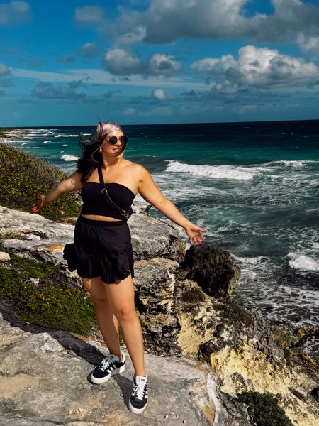 Beachy hiking outfit! Size L in all. Code NINAXSPANX for the skirt! It has built in bike shorts. Shoes run half size big 

#LTKmidsize #LTKtravel #LTKfitness