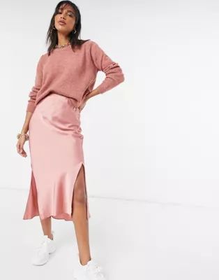 ASOS DESIGN jumper and satin skirt co-ord in pink | ASOS (Global)