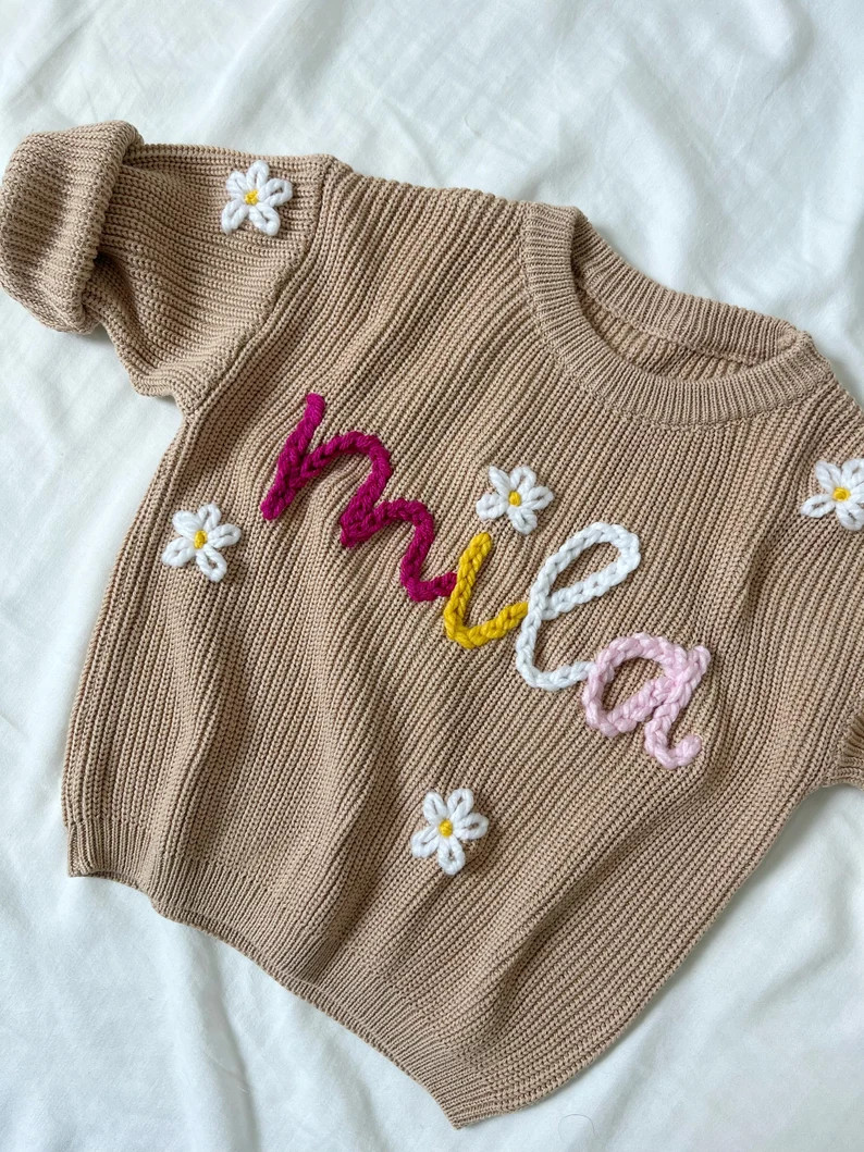 Beige Hand-stitched Personalized Name Sweaters - Etsy | Etsy (US)