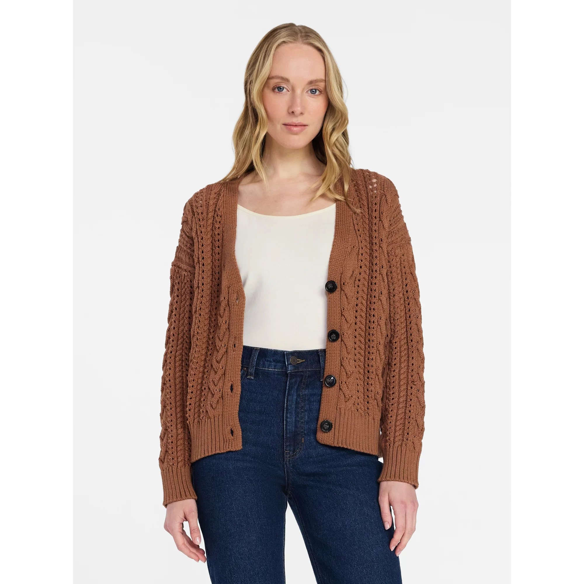 Time and Tru Women's Cable Knit Cardigan Sweater with Long Sleeves, Lightweight, Sizes XS-XXXL | Walmart (US)