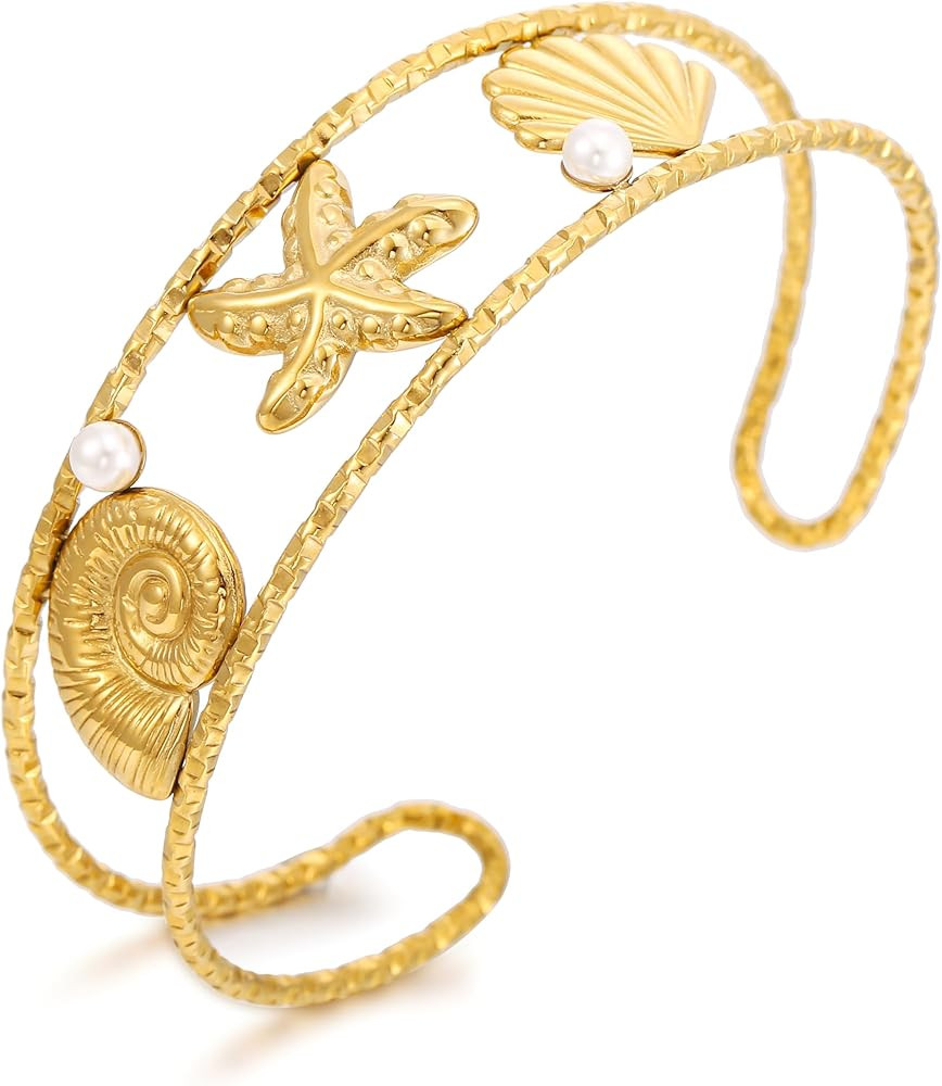 Gold Starfish Seashell Coach Cuff Bangle for Women Ocean Theme Bracelet Summer Jewelry | Amazon (US)