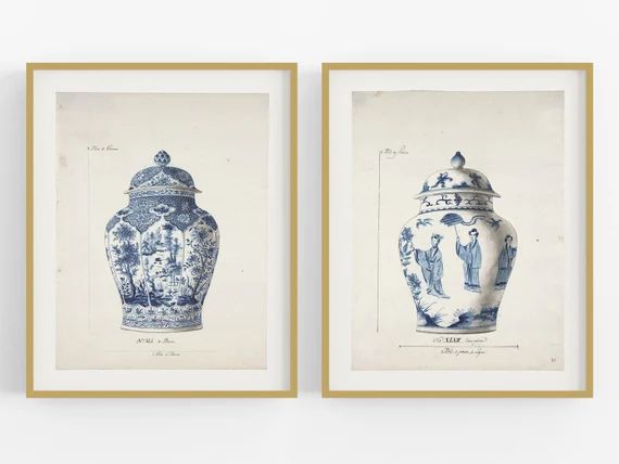 Set of Two Blue French Chinoiserie Vase Art Prints / Vintage Art / French Art / Wall Decor / Asia... | Etsy (US)