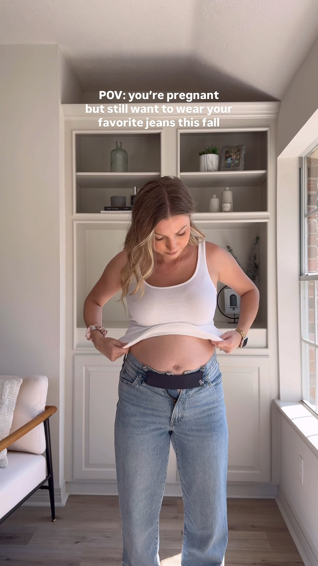 Bump friendly jeans hack for fall | I’m wearing a M in the band, 26 in jeans, S in tank, S-M in sweater, and M in jacket for an oversized fit. Shoes run tts. 

#LTKBump #LTKStyleTip #LTKVideo