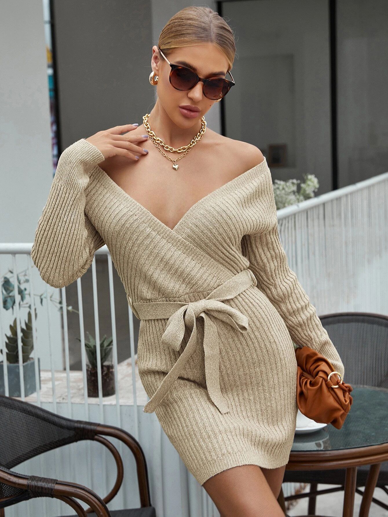 Solid Belted Rib-knit Sweater Dress | SHEIN