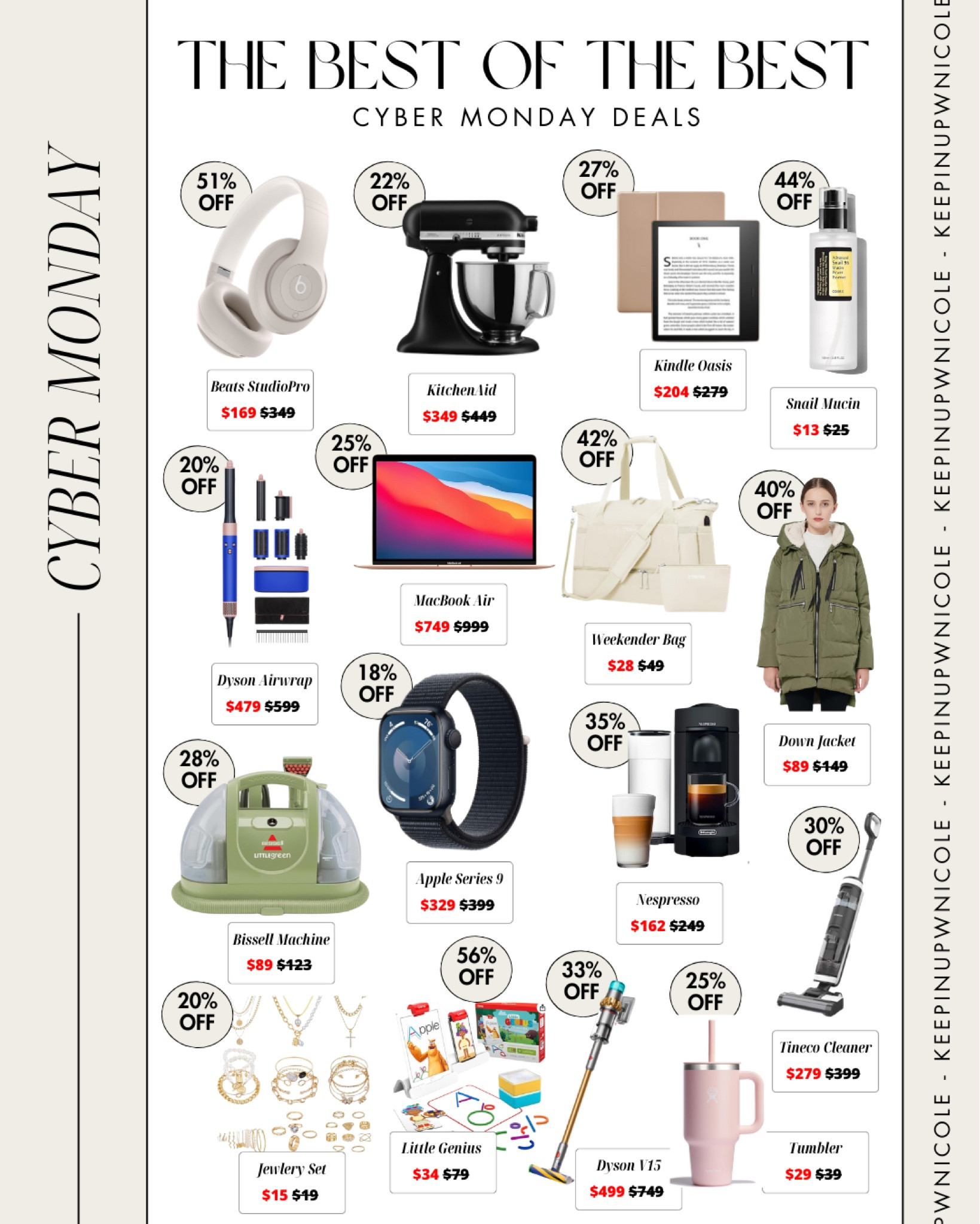 The best of the best deals for Cyber Monday! Everything from beats headphones, KitchenAid, kindle, snail mucin, MacBook Air, Dyson airwrap, weekender bag, down jacket, nespresso, Apple series 9 watch, Bissell machine, tineco cleaner, Dyson vacuum, jewelry set, little genius kit, and the Stanley inspired tumbler  

#LTKCyberWeek #LTKsalealert #LTKGiftGuide