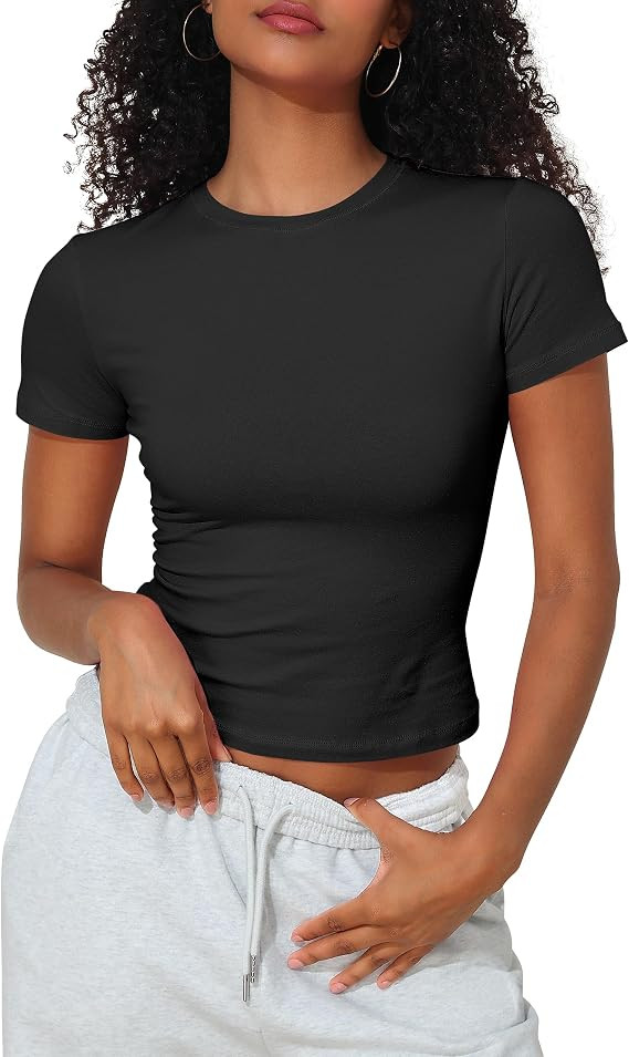 Hilor Womens Cotton Short Sleeve T-Shirt Crew Neck Baby Tee Y2K Crop Tops | Casual Basic T,Trendy... | Amazon (US)