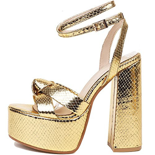 YIYA Women's Gold Metallic Platform Chunky Heeled Sandals Open Round Toe Strappy Heels Ankle Strap Wedding Party Dress Shoes | Amazon (US)