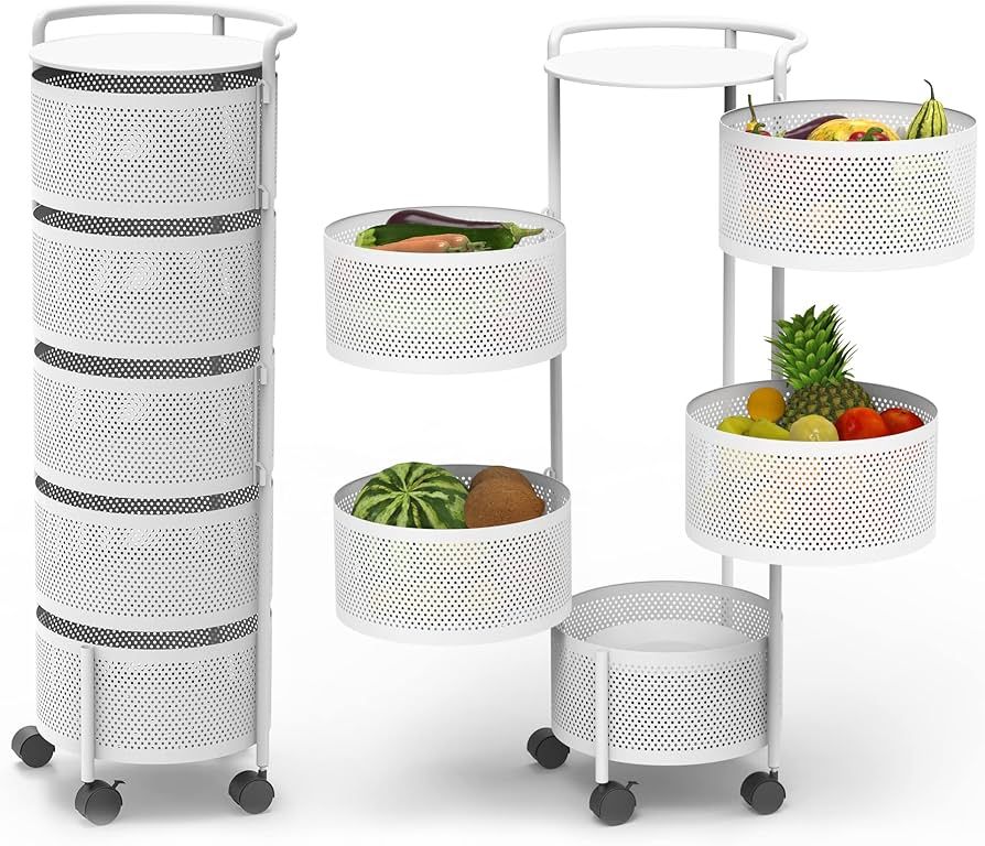 JAQ Rotating Fruit Basket, 5-Tier Metal Sturdy Kitchen Storage Rack Shelf Carts No Assembly on Ro... | Amazon (US)