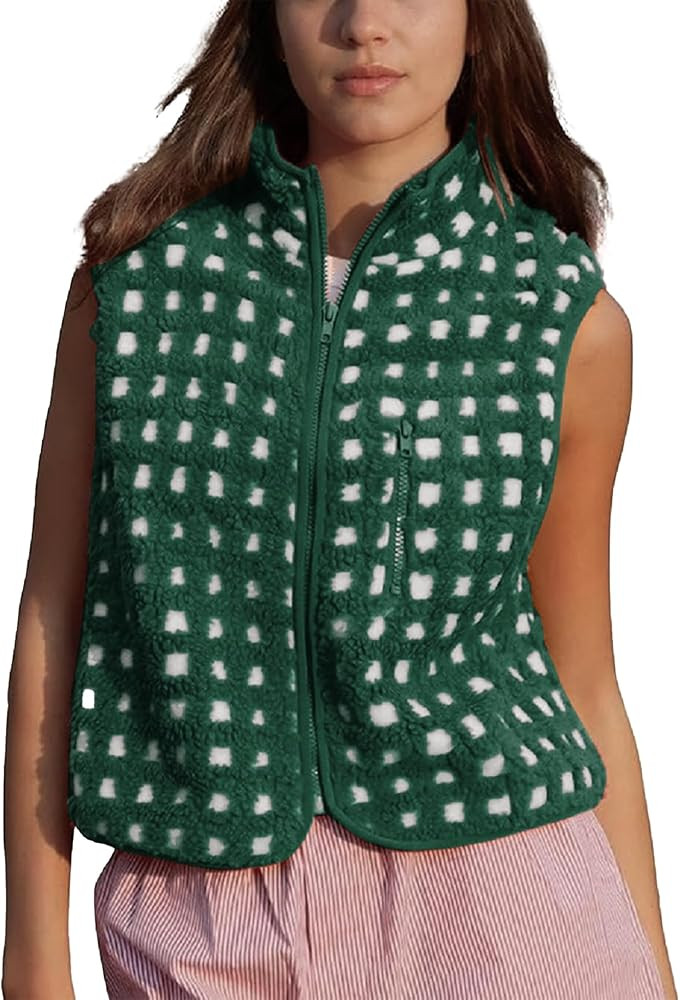 Womens Checkered Sherpa Vest Sleeveless Winter Fleece Jacket High Neck Zip Up Plaid Gilet with Ch... | Amazon (US)
