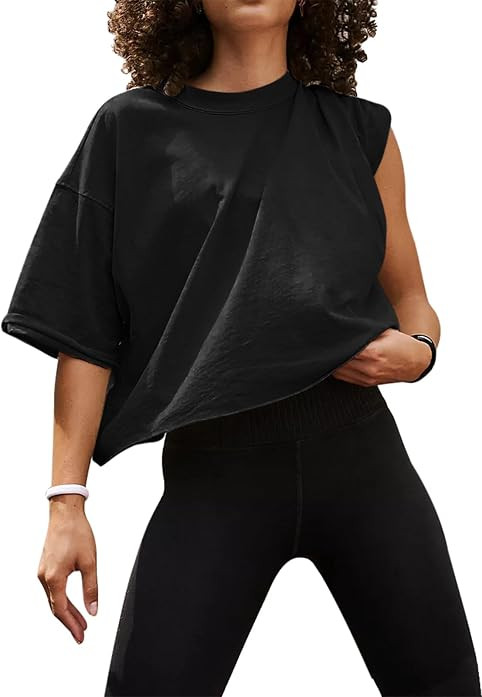 UEU Womens Oversized Workout Crop Top Casual Sleeve Boxy Roll Hem Short | Amazon (US)