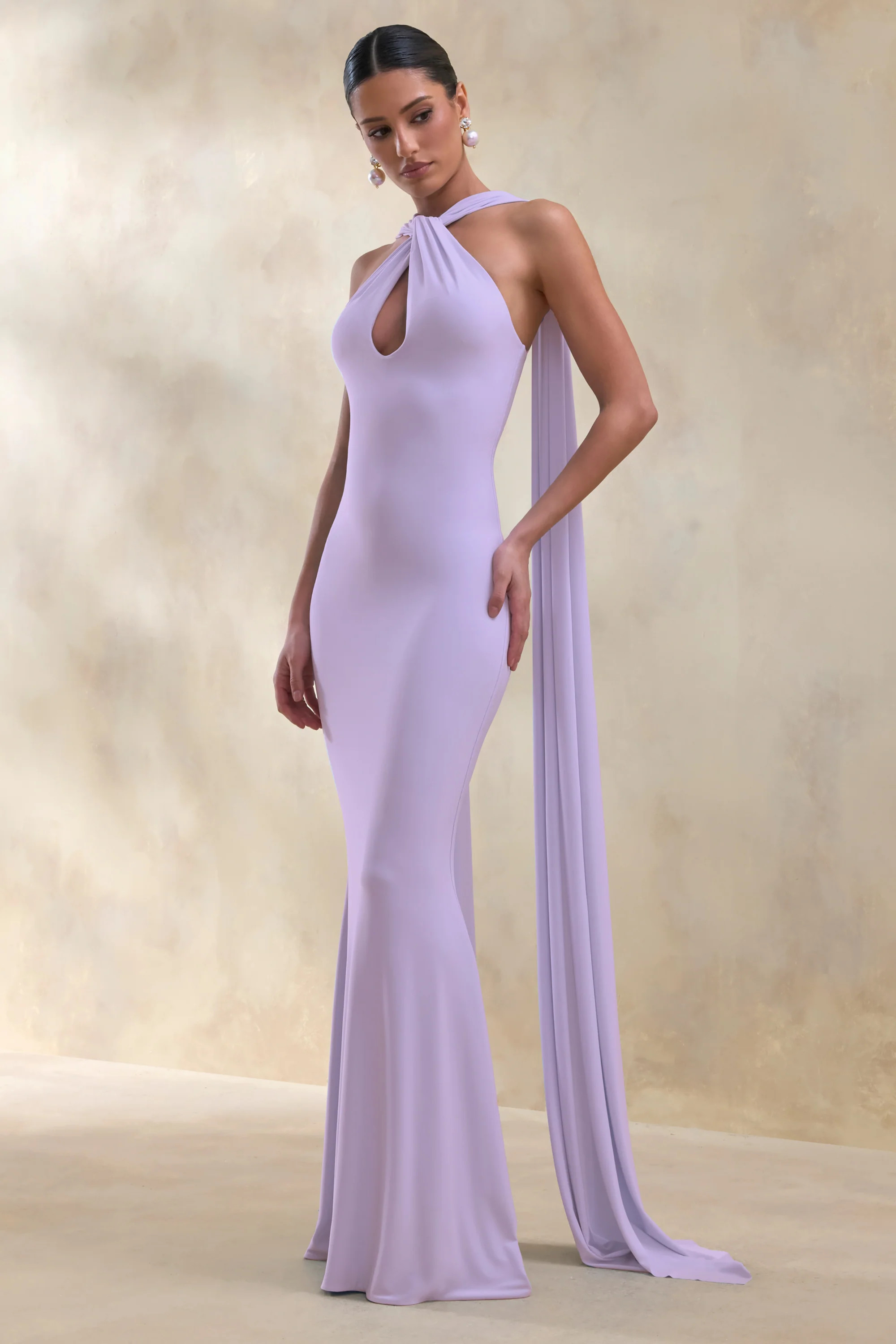 Rhoda | Lilac Twist Halter-Neck Cape Maxi Dress | Club L London
