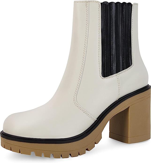 Amazon.com | Womems Platform Lug Sole Ankle Boots Chunky Block Heel Combat Cozy Round Toe Chelsea... | Amazon (US)