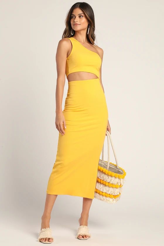 Spice Things Up Yellow Ribbed One-Shoulder Cutout Midi Dress | Lulus (US)