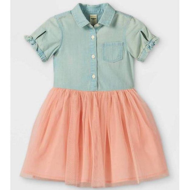 OshKosh B'gosh Toddler Girls' Chambray Tulle Short Sleeve Dress - Pink | Target