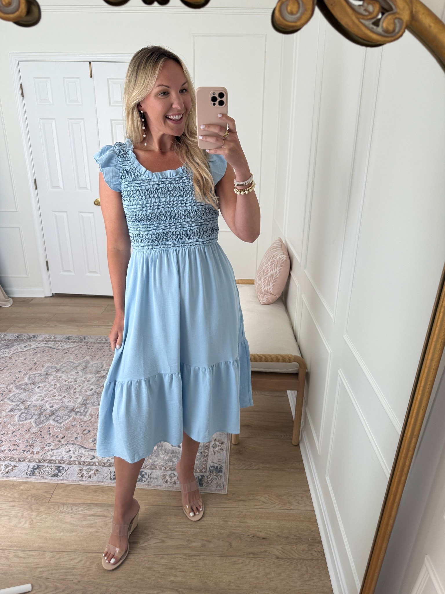 Love the darker blue exposed stitching in this! So cute for a baby shower! Wearing a med 