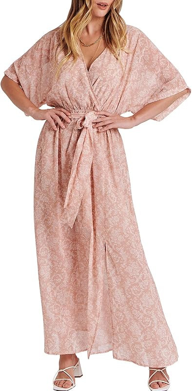 ANRABESS Women’s Summer Loose Kimono Maxi Dress Wrap V Neck 3/4 Sleeve Floral Print Slit Long D... | Amazon (US)