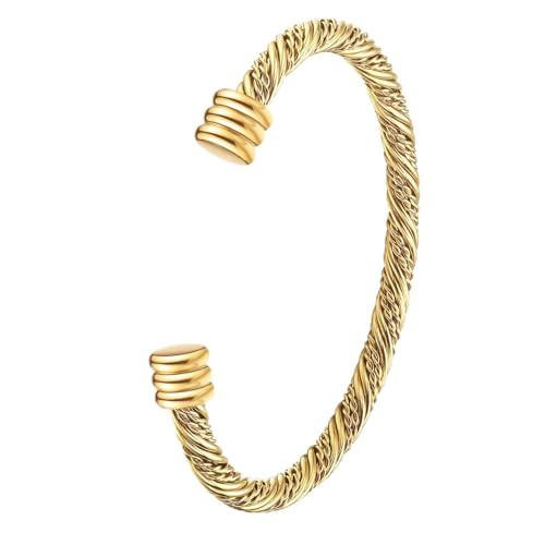 BOLAGTIER Stainless Steel Twisted Cable Wire Bracelets Adjustable Open Cuff Bangle Bracelet Vintage Jewelry Gift for Women (C-Gold 62) | Amazon (US)