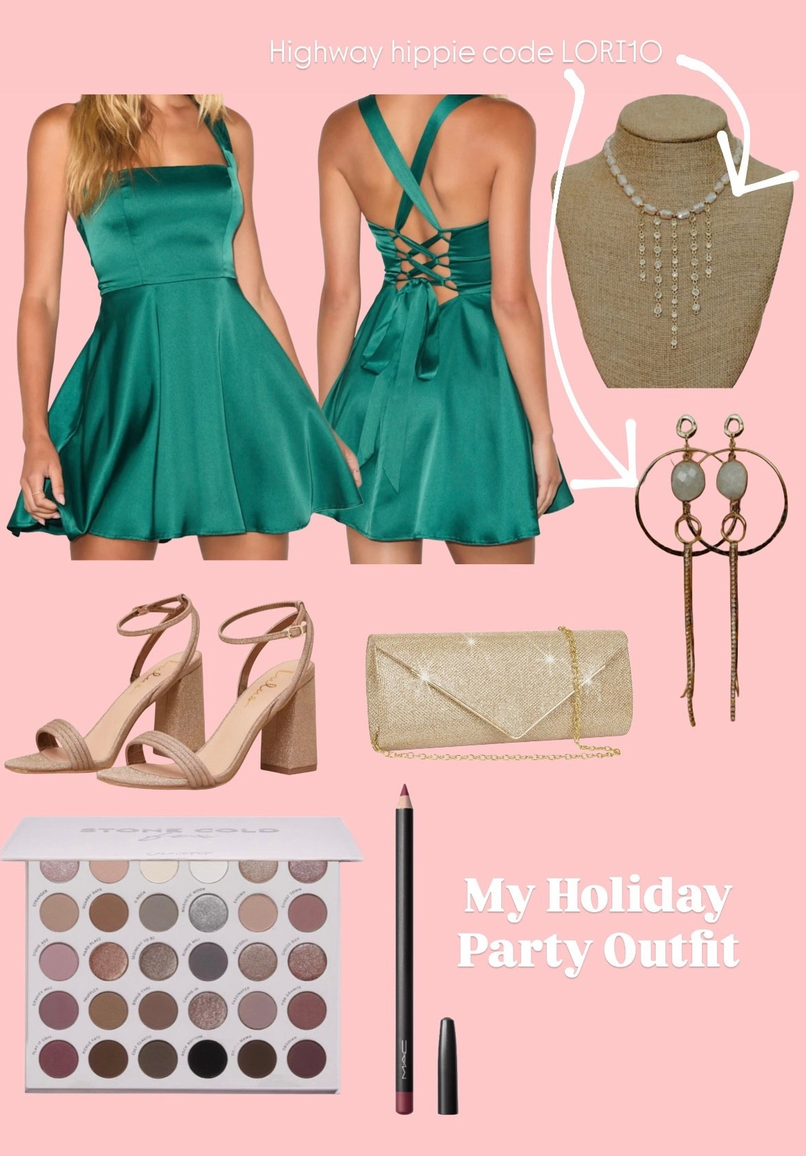 My holiday party fit! Green dress paired with burgundy lip and gold accessories! Code LORI10 for 10% off Highway hippie 

#LTKHoliday #LTKStyleTip #LTKootd