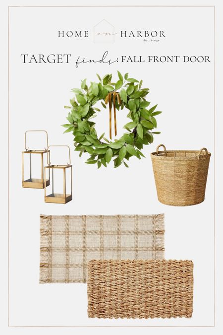Simple fall front door styling: faux wreath, plaid rug, doormat, woven basket, brass lanterns 

#LTKSeasonal #LTKhome #LTKstyletip