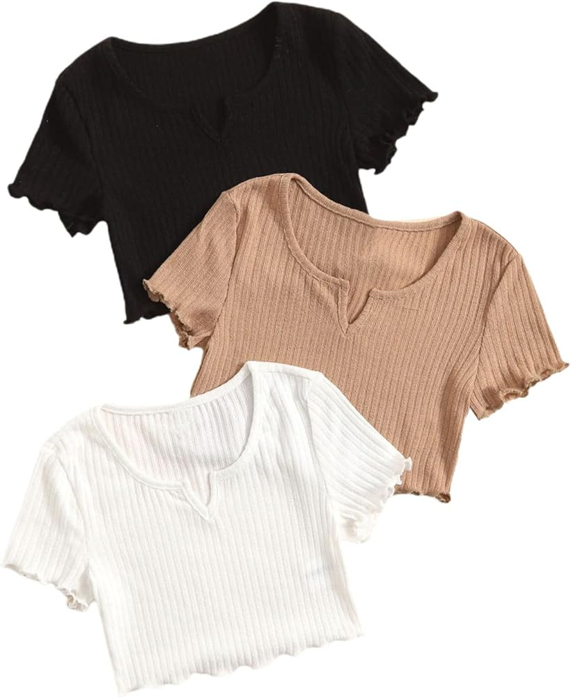 Amazon.com: Milumia Girl's 3 Pack Short Sleeve Lettuce Trim Rib Knit Tee Shirt Solid Crop Tops 11... | Amazon (US)