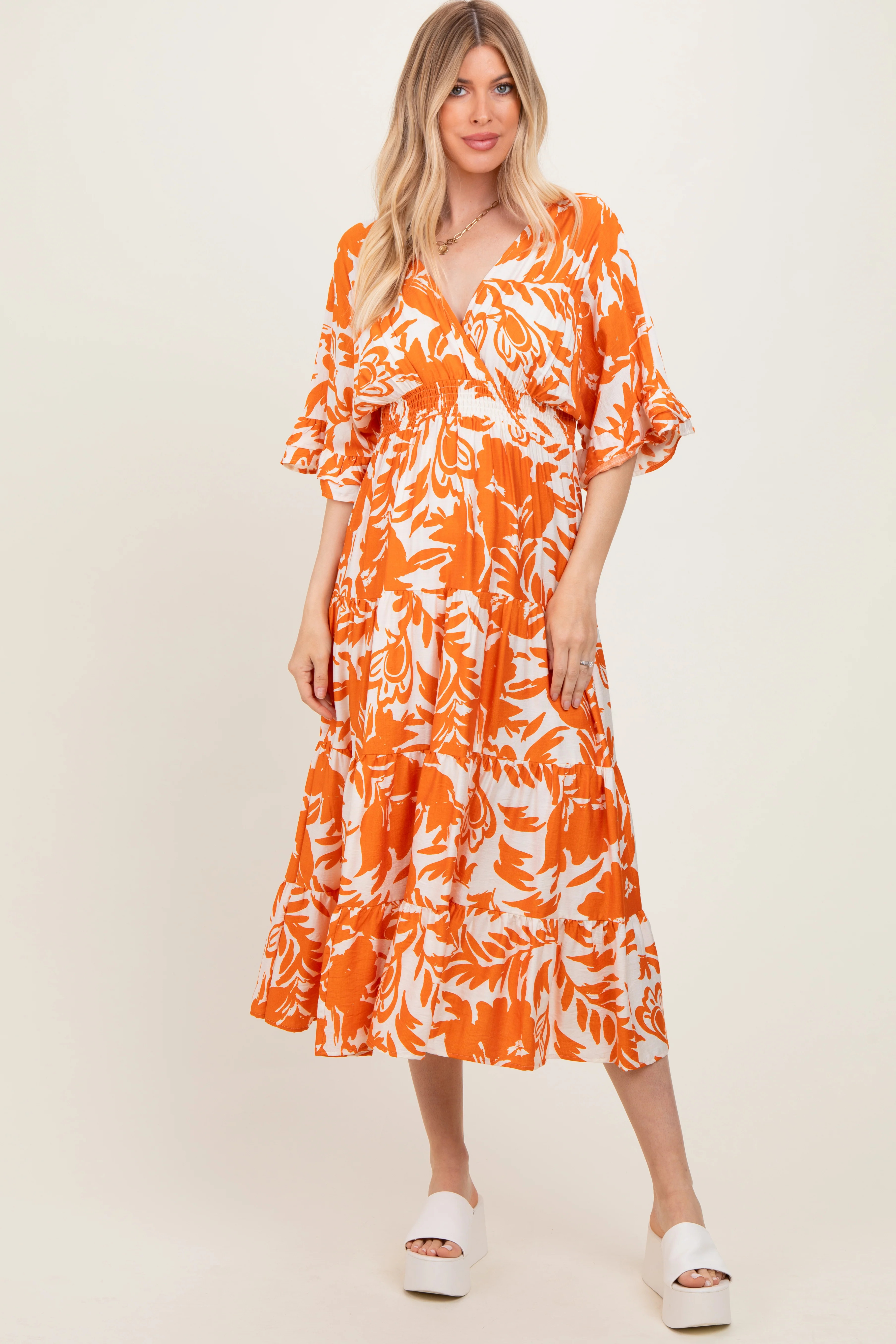 Orange Abstract Floral V-Neck Tiered Midi Dress - Small | PinkBlush Maternity
