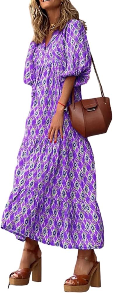 Women's Boho Floral Print Puff Sleeve Long Sleeve Maxi Dress Casual V Neck Flowy Ruffle Fall Long... | Amazon (US)