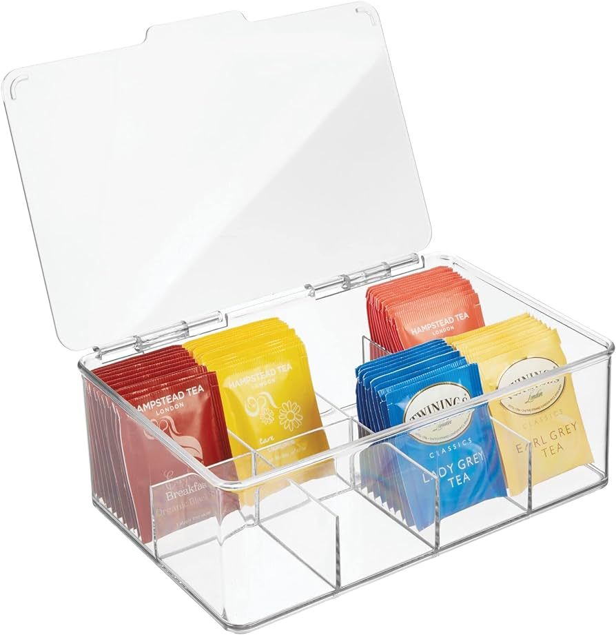 mDesign Plastic Tea Bag Divided Storage Organizer Container Box with Hinge Lid for Kitchen Cabine... | Amazon (US)