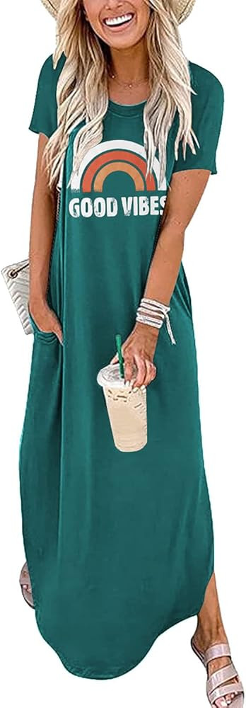 Good Vibes Rainbow Graphic Dress Womens Sleeveless Pocket Maxi Dress Hawaiian Beach Beach Tank Dr... | Amazon (US)
