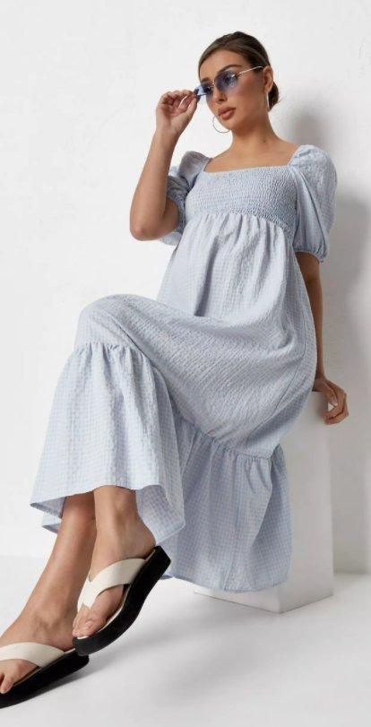 Blue Gingham Shirred Maternity Midaxi Dress | Missguided (US & CA)