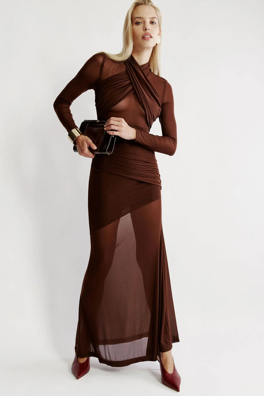 marice wrap mesh maxi dress in chocolate | Bardot (US)