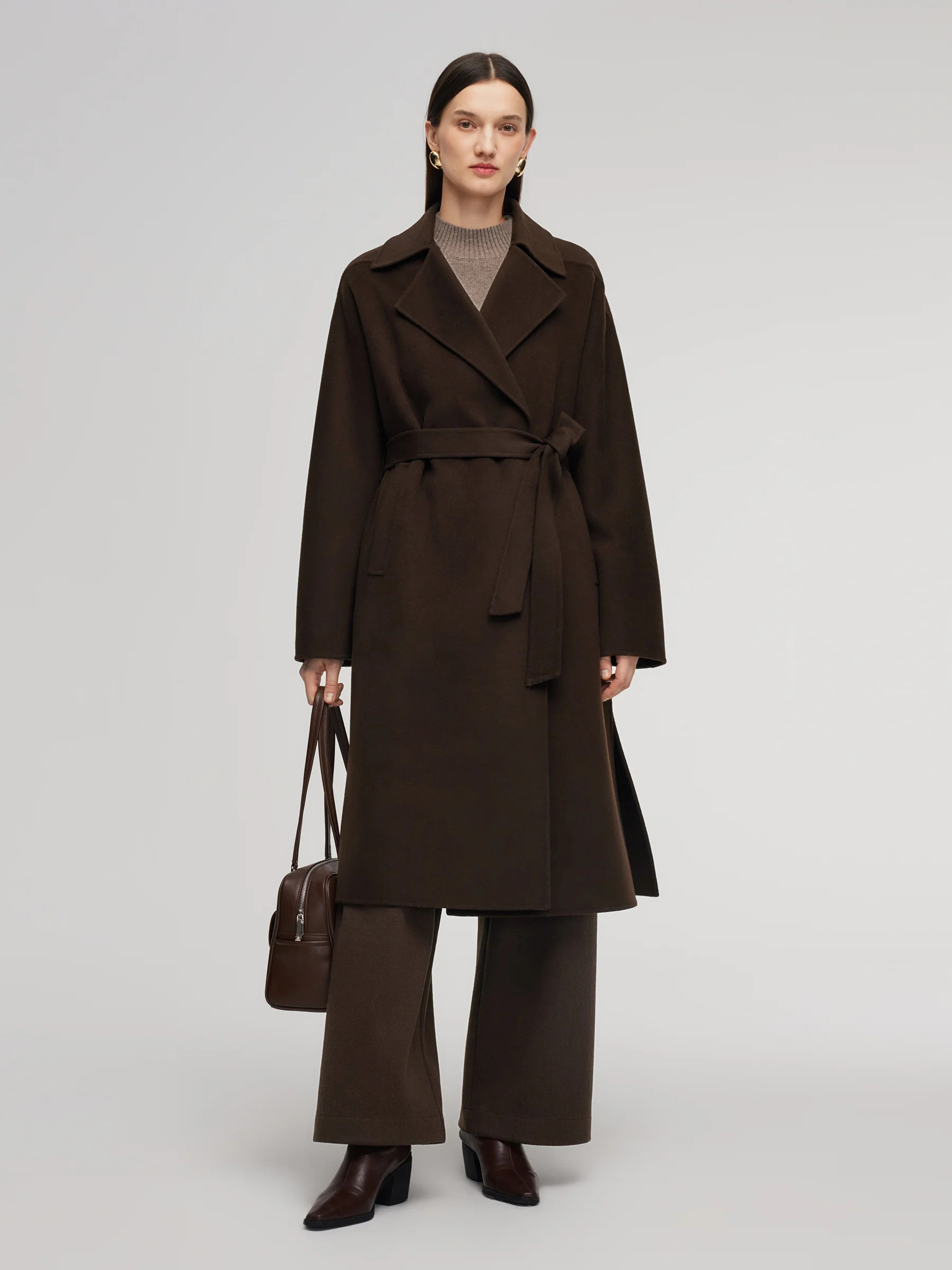 100% Wool Double-Faced Women Wrap Overcoat Chocolate Brown / M | GOELIA