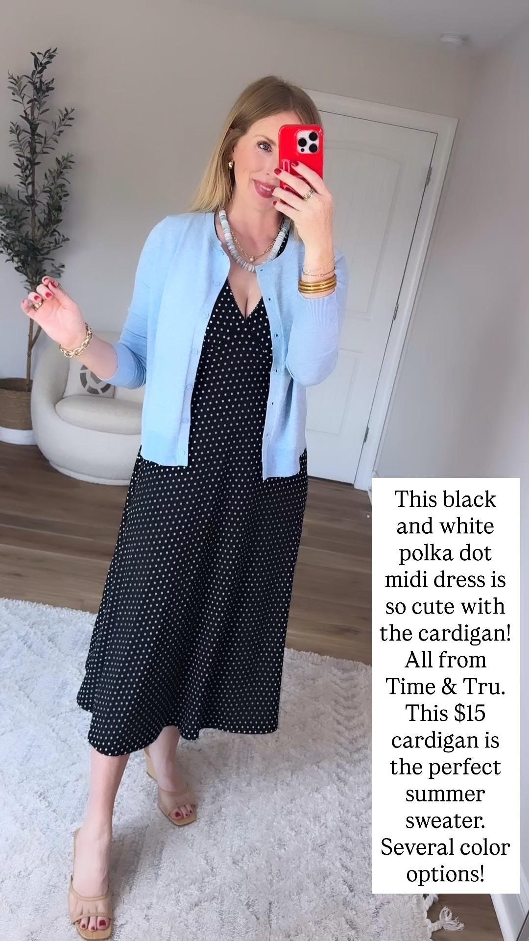 Walmart try on, time and tru, Walmart style, polka dot midi dress, blue cardigan

#LTKootd #LTKmomlife