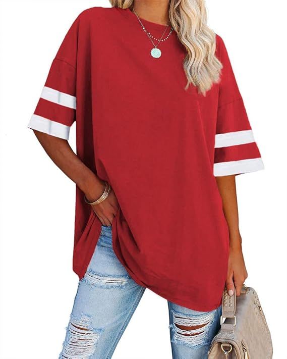 Fisoew Womens Oversized Tees Loose T Shirts Half Sleeve Crew Neck Color Block Cotton Tunic Tops | Amazon (US)