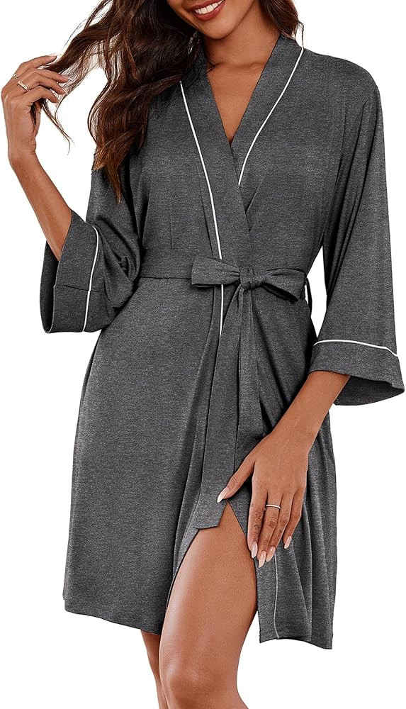 Ekouaer Women Kimono Robes Knee Length Knit Bathrobe Lightweight Soft Sleepwear V-neck Casual Lad... | Amazon (US)