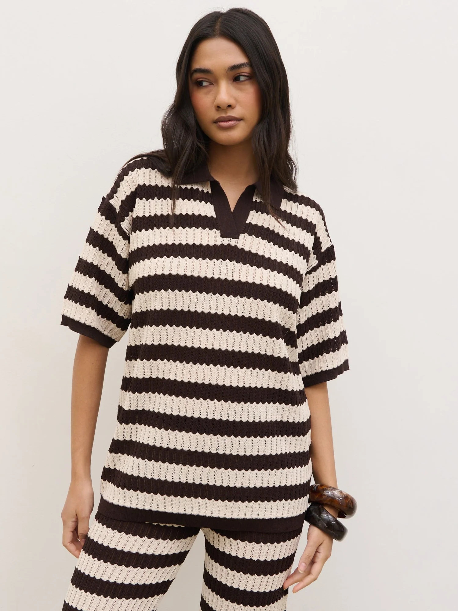 Venezia Stripe Knit Polo Top - Brown and Cream | Pretty Lavish (UK)