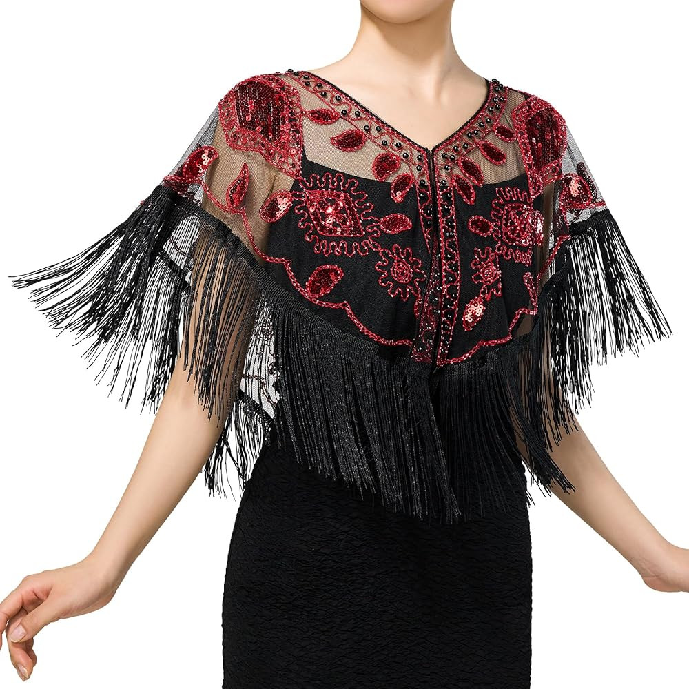 SWEETV Women's 1920s Shawl Wraps,Sequin Beaded Flapper Evening Shawls for women formal/Party/Wedding/Formal/Harlem night | Amazon (US)