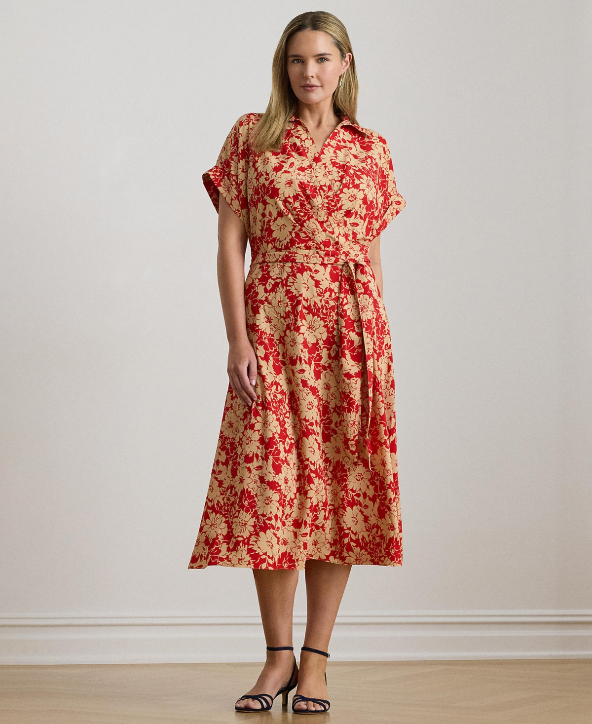 Lauren Ralph Lauren Plus Size Floral Belted Crepe Collared Neck Maxi Dress - Red/Tan | Macy's