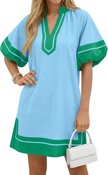 Wenrine Womens Summer Mini Dress Puff Sleeve Casual V Neck Color Block Side Slit Loose Shirt Dres... | Amazon (US)