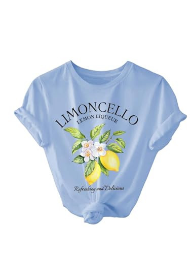 Women's Graphic Tees Lemon Fruit Print Short Sleeve Crewneck T Shirts Casual Summer Trendy Going Out Tops Blue l | Amazon (US)