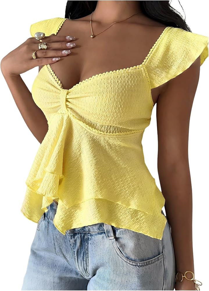 RoseSeek Women's Flowy Going Out Tank Top Sweetheart Neck Cap Sleeve Summer Ruffle Elegant Crop T... | Amazon (US)
