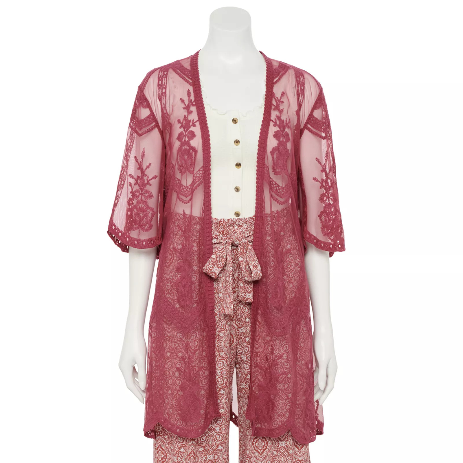 Women's Miss Chievous All-Over Embroidered Lace Kimono, Size: Large-XL, Dark Red | Kohl's