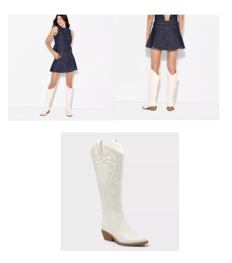 Game day girlies- put together the cutest and simplest game day outfit at target #ltktarget #gamedayoutfit #whiteboots #denimskirt #target #ltkoutfitinspo #ltkwomen #ltkgirlies