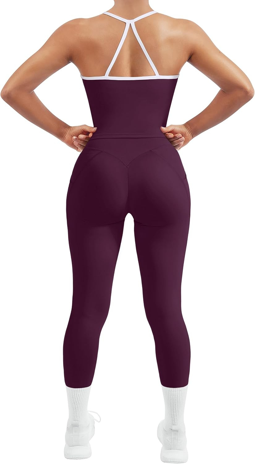 SUUKSESS Women 2 Piece Workout Sets Compression Tummy Control Leggings with Pockets Halter Built in Bra Tank Tops | Amazon (US)