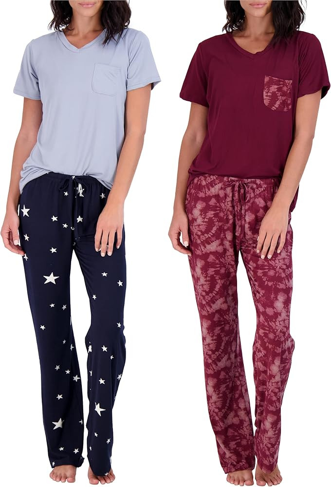 Real Essentials 2 Pack: Women's Pajama Set - Choose from Short Sleeve with Pocket or Long Sleeve ... | Amazon (US)