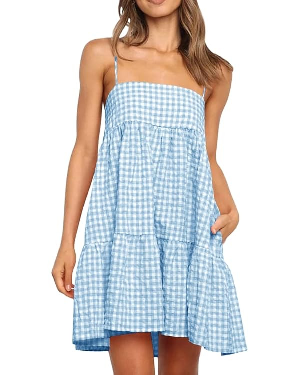 Womens Plaid A-line Dresses Shoulder Straps Ruffle Hem Casual Mini Dress with Side Pocket | Amazon (US)