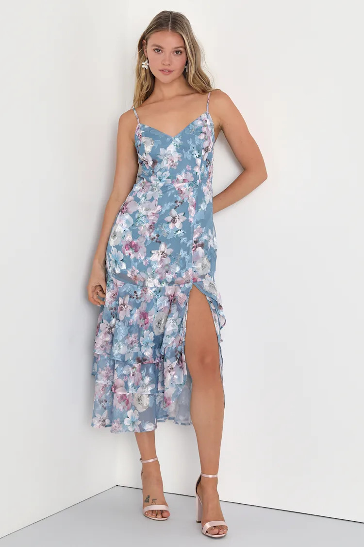 Pretty Delight Light Blue Floral Jacquard Tiered Midi Dress | Lulus